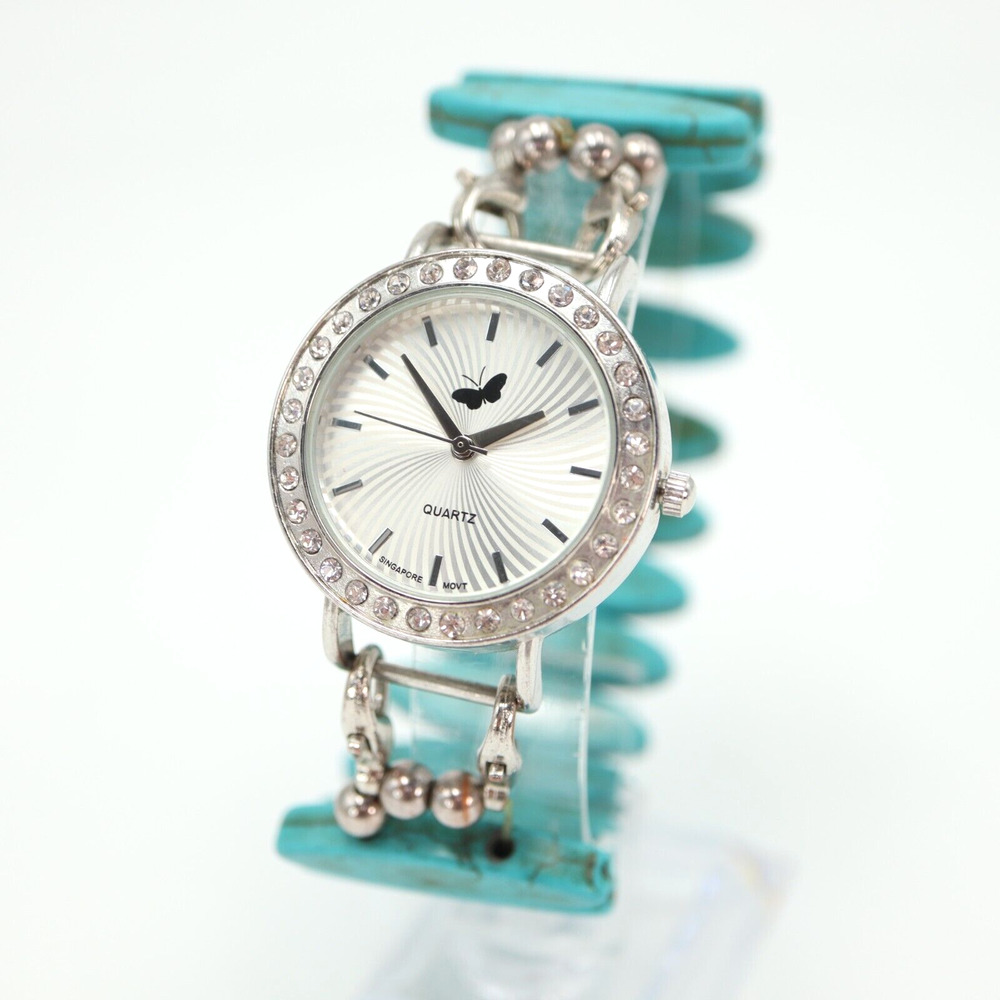Womens Silver Tone Torquoise Watch 32mm Round Dial Crystal Bezel Stretch Band